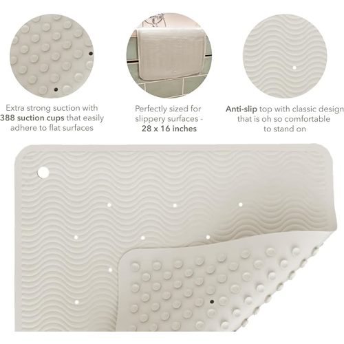Natural Rubber Wave Bath Mat – Long 28 × 16 in - Non-Slip Shower & Bathtub Mat with 388 Suction Cups, Plastic-Free & Biodegradable (Marble)