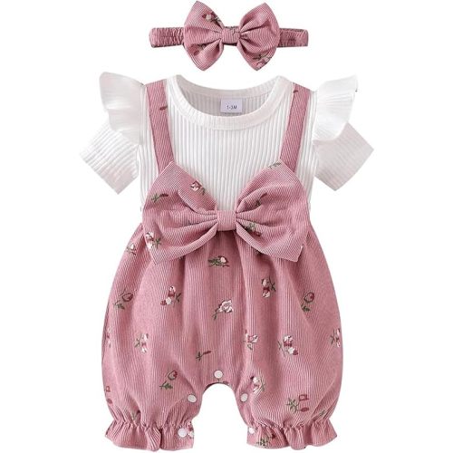 Newborn Baby Girl Clothes Short Sleeve Flying Sleeve Ribbed Patchwork Floral Bubble Romper Infant Summer Outfit