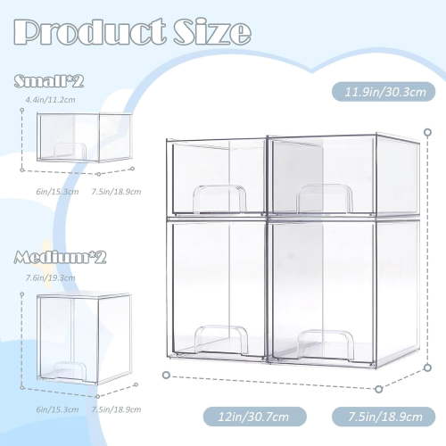 Baby Bottle Organizer-4 Pack Stackable Storage Drawers, Baby Organizers and Storage with Hooks, Clear Acrylic Multipurpose Bottle Storage for Countertop, Kitchen, Cabinet, Vanity, Bathroom
