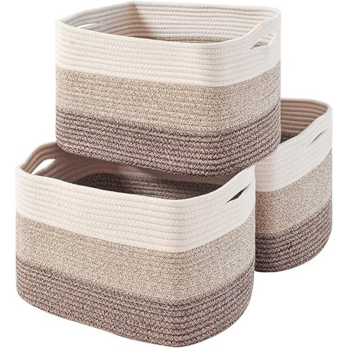 Storage Baskets for Organizing Shelves, Woven Cotton Rope Bins for Baby Nursery Organization, Book Toy Towel Organizer, 15"x11"x9.5", 3 Packs, Gradient Brown