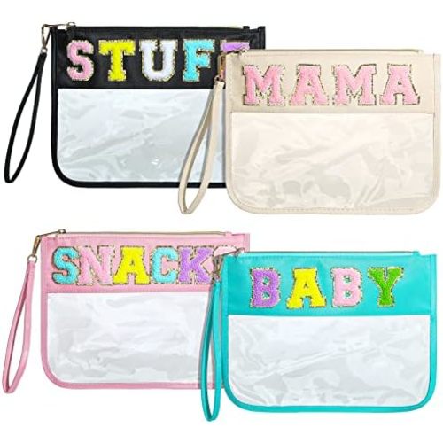 4 Pcs Chenille Letter Pouch Flat Nylon Clear Snack Bags Flat Multipurpose Zipper Makeup Bag for Travel Toiletry Bag Water-proof Cosmetic Pouch for Women(Simple Style)