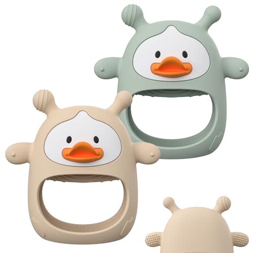 2 Pack Baby Teething Toys for 3-6 6-12 Months, Upgraded Silicone Teething Mitten with Anti-Dropping Wrist Design, Soft Sensory Baby Teether Toys, BPA Free Infant Chew Toys,Green & Nude(Duck)