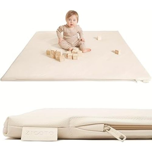 Baby Mat for Floor, Thick Soft Non-Toxic Vegan Leather Baby Play Mat, Waterproof Foam Play Mat, Padded Play Mat for Baby, 50x50 Playpen Mat, Infant Playmat for Baby Girls and Boys, Beige