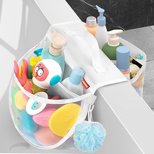 UNEEDE Organiseur de jouets de baignoire avec poignée, deux compartiments et poches intérieures pour les essentiels de bain des enfants, s'adapte aux bords de baignoire de 15,2 cm, maille en nylon