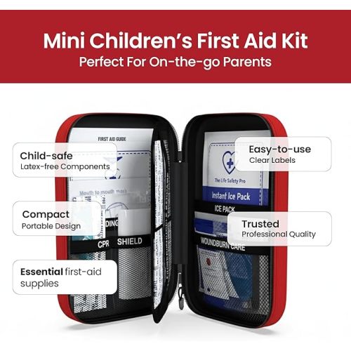 Small, First Aid and CPR Kit for children, toddler, and kids. Large Variety of Bandages to fit your childs injuries. Perfect travel first aid kit, Diaper Bag, Backpack, Car, and More. Quick and Effect