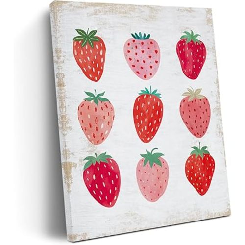 Positive Strawberries Decor Strawberry Lover Gifts for Women Girls Canvas Wall Art Wall Decor, Cute Vintage Framed Prints Poster Painting Artwork for Home Office Kitchen Bedroom Girls Room,11.4x15IN
