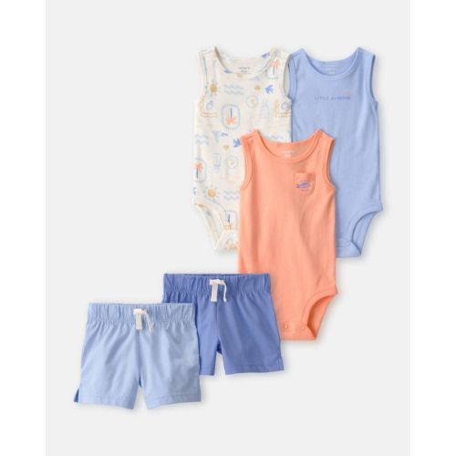 Baby Boy 5-Piece Sleeveless Bodysuits & Shorts Set - Blue/Orange | Carter's