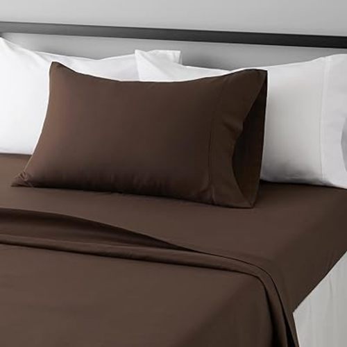 Amazon Basics Lightweight Super Soft Easy Care Wrinkle Free Microfiber 3 Piece Bed Sheet Set with 14-Inch Deep Pockets, Twin, Chocolate, Solid, Kids, Men & Women Bedding