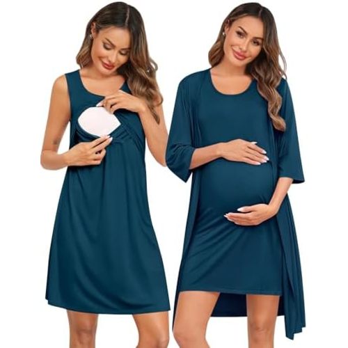 SWOMOG Women Maternity Nursing Gown and 3/4 Sleeve Robe Set Labor Delivery Nightgown Breastfeeding Hospital Bathrobe