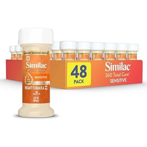 Similac 360 Total Care Sensitive Infant Formula for Fussiness & Gas Due to Lactose Sensitivity, Has 5 HMO Prebiotics, Baby Formula, Ready to Feed, 2-fl-oz Bottle, Pack of 48