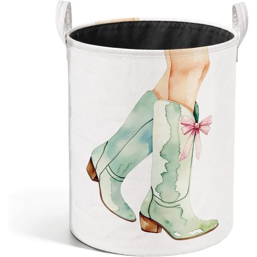 Pink Bow Cowgirl Western Laundry Basket, Sage Green Boots Southwestern Laundry Hamper Waterproof Collapsible Clothes Toys Storage Bin Organizer for Girls Bedroom Bathroom Home
