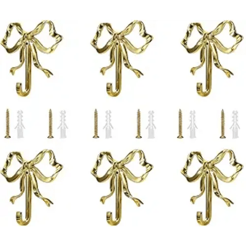 6Pcs Gold Bow Hooks for Wall, Bow Towel Hook Alloy Bow Knot Door Hanger Rack with Screws for Hanging Coat, Hat, Bag, Key, Bathroom, Bedroom, Shower, Kitchen, Living Room Decor