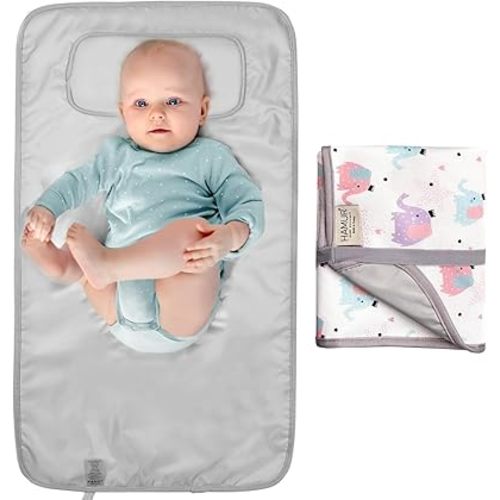 Hamur Home Portable Changing Pad, Soft Padded Waterproof Baby Changing Mat for Diaper Bag, Foldable & Wipe Clean, 27.5"×15.8", Compact Travel Mat for Newborns, Elephant Design, Made in Turkey