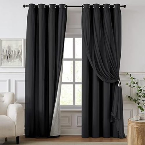 100% Blackout Curtains for Bedroom, Double Layer Black Curtains, Black Out Curtain 84 inch Long with Sheer Overlay for Living Room, Room Darkening Window Drapes with Grommet, 52" W x 84" L