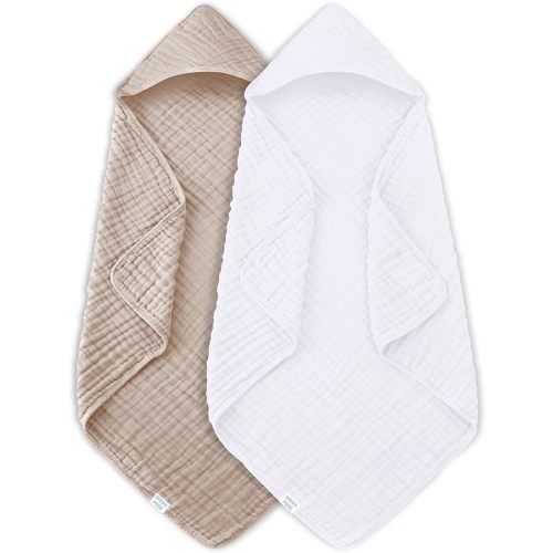 MOON PARK 2 Pack Muslin Hooded Baby Bath Towels for Newborns, Infants, Toddlers - 100% Cotton - Large 32x32Inch Size - Highly Absorbent and Essential, White and Brown