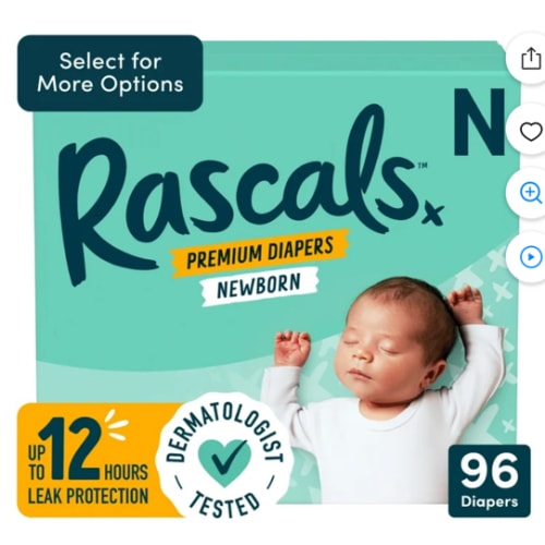 Rascals Premium Pañales Absorbentes para Recién Nacidos, Paquete de 96 Unidades