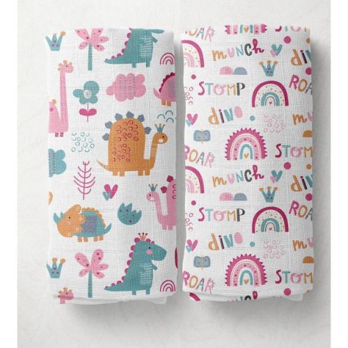 Little Dino Girls Fucshia/Aqua 2 pack Muslin Swaddling Blankets