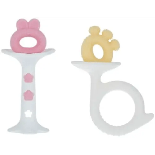 Nuby Silicone Fun Teethers - (2-Pack) Baby Teething Toy - Bunny and Tuba Shapes - 3+ Months - Yellow and Pink