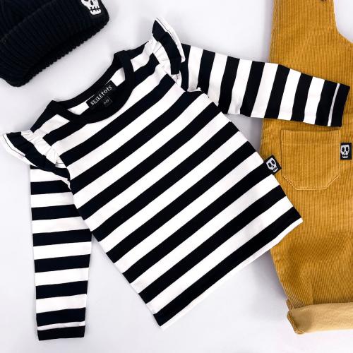 Kids Long Sleeved T Shirt - Striped Black & White with Frilled Sleeves – Skeletots