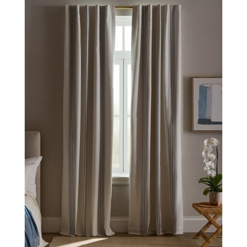 Coastal Stripe Linen Cotton True Blackout Curtain in Ivory/Sage Green