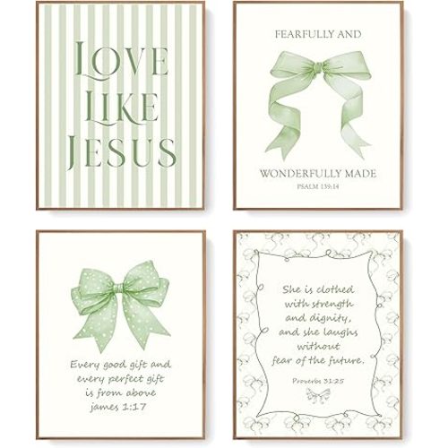 LARTSFRO Coquette Sage Green Bow Jesus Wall Art Decor Posters, Green Bow Christian Room Bedroom Bathroom Wall Art Decor Aesthetic for Teen Girls Gifts, Inspirational Bible Verses Bow Wall Decor, 8x10 Inch Set of 4 Bow Pictures(UNFRAMED)