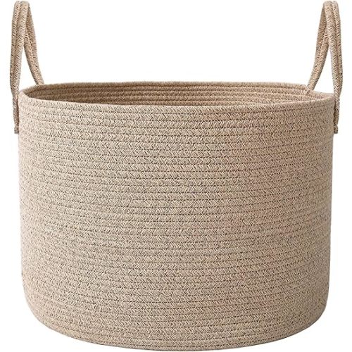 115L Extra Large Blanket Basket for Living Room - Woven Cotton Rope Laundry Hamper with Reinforced Handles - Storage Bin for Pillows, Comforters & Toys - Machine Washable,Oatmeal