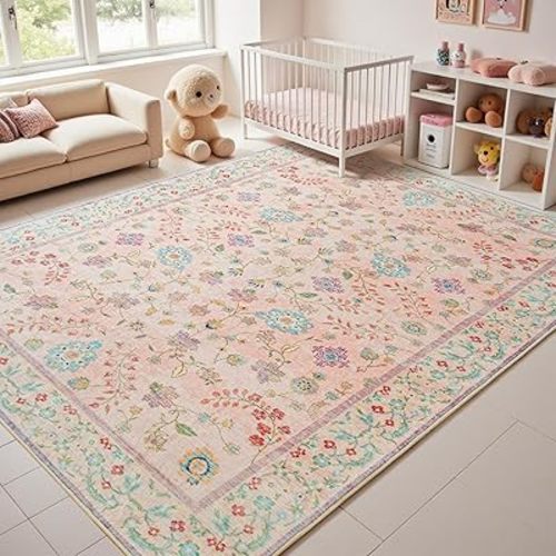 Pale Pink Nursery Rug, 6x9 Floral Washable Area Rug Non Slip, Boho Low Pile Carpet with Rubber Backing for Bedroom Living Room Bathroom Playroom Entryway Office