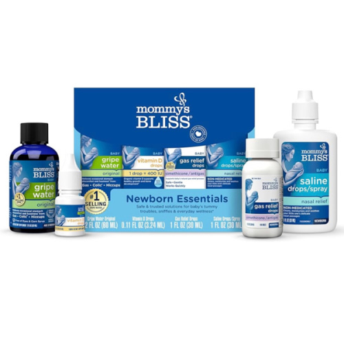Mommy's Bliss 4-Piece Newborn and Baby Essentials Kit - With Gripe Water, Gas Relief Drops, Vitamin D 400IU, and Saline Drops/Spray - The Perfect Baby Gift.