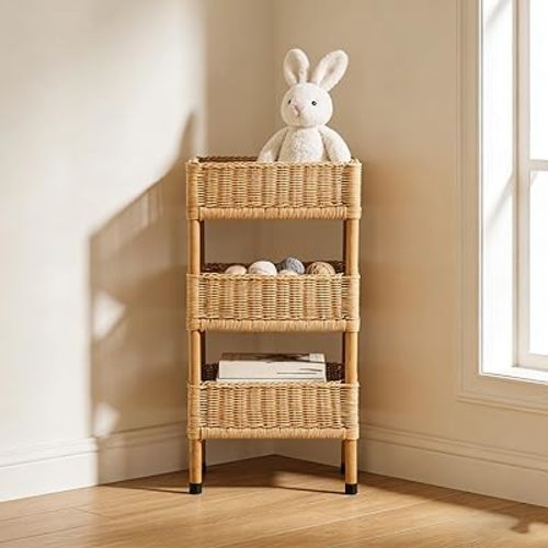 Boho Rattan 3 Tier Storage Shelf, Handwoven Wicker Basket Stand for Bathroom Counter, Kitchen Organizer, Small Space Storage Rack for Bedroom, Living Room Decor (Light Brown)