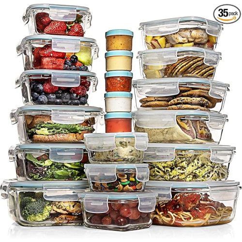 Razab 35 Pc Set Glass Food Storage Containers with Lids - Meal Prep Airtight Bento Boxes BPA-Free 100% Leak Proof (15 lids,15 glass & 5 Plastic Sauce/Dip Containers)