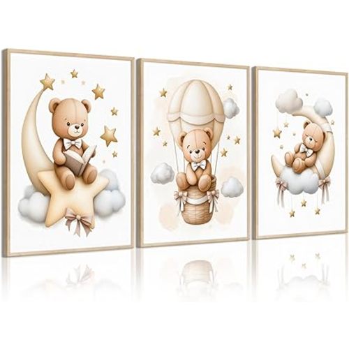 Teddy Bear Nursery Wall Art Decor Baby Boy Girl Room Pictures Bear Nursery Canvas Wall Art Decor Vintage Children's Room Posters Toddler Kids Neutral Artwork for Bedroom Playroom 12x16x3 Wood Framed