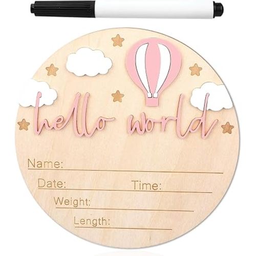 Wooden Baby Announcement Sign, Hello World Birth Boys and Girls Newborn Sign Welcome Baby Name Plaque for Photo Prop Home Hospital Nursery Newborn Gift (Pink)