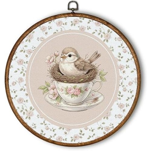 QWZDRHYJI Pink Rose Floral Bird Round Wall Art Decor, French Country Teacup Swallow Bird Framed Canvas Prints Wall Hanging for Girls Room Nursery Home Bedroom Decorations, 10x10 Inch