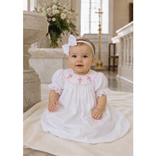 Smocked Cross Dress in White with Pink Crosses -Baptism, Christening, Baby Girl, Heirloom dress, Flower Girl, Bishop Style 128 *G
