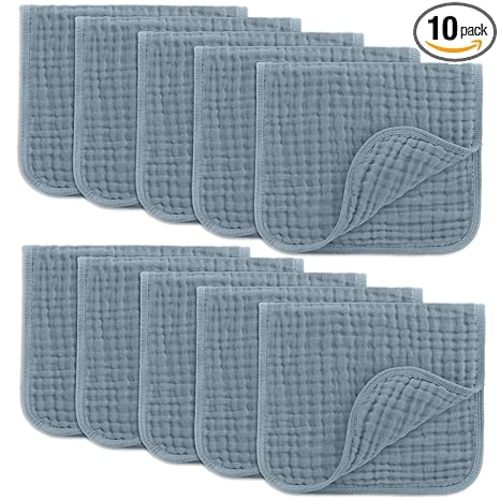 Comfy Cubs Muslin Burp Cloths 20" x 10", Pack of 10 - Large, 6-Layer, Ultra Absorbent 100% Cotton for Baby Drool and Messes - Soft, Safe & Gentle Baby Burp Cloths for Boys & Girls - Pacific Blue