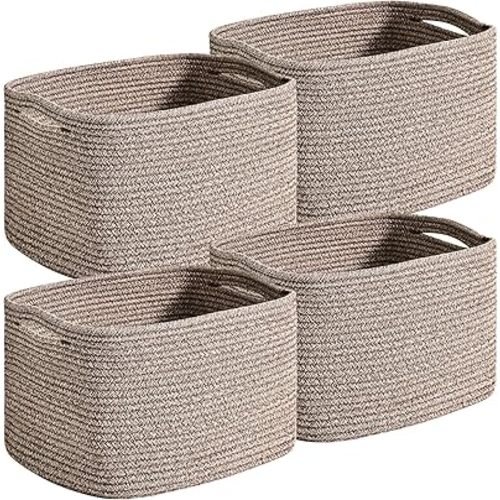 Small Storage Baskets for Organizing Shelves, Cotton Rope Basket for Storage, Cute Rectangular Book Toy Basket, 12.7"×9.1"×7.9", 4 Packs, Dark Brown