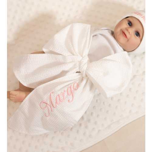 Customized Baby Girl Seersucker Swaddle, Embroidered Bow Sash, Newborn Photo Prop