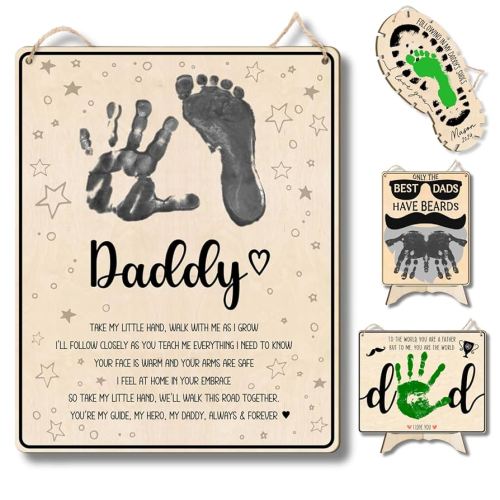 Daddy Poem DIY Baby's First Handprint Footprint Art Sign for Fathers Day, Father's Day Crafts Gift for Dad from Baby Toddler Kids, Infant Milestone Keepsake Photo Props Card, Daddy Take My Little Hand