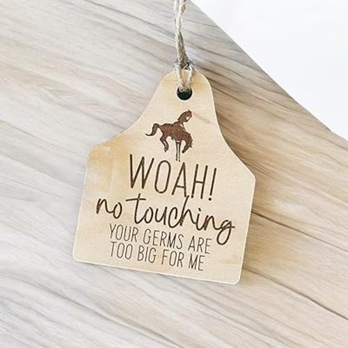 Generic FELIXTA Cow Ear Tag No Touching Engraved Wooden Sign Your Germs Are Too Big For Me Stroller Sign Car Seat Tag, 3.5*3.5 inches