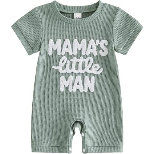 Sejardin Newborn Infant Baby Boy Summer Jumpsuit Letter Embroidery Short Sleeve Crew Neck Romper Waffle Outfit