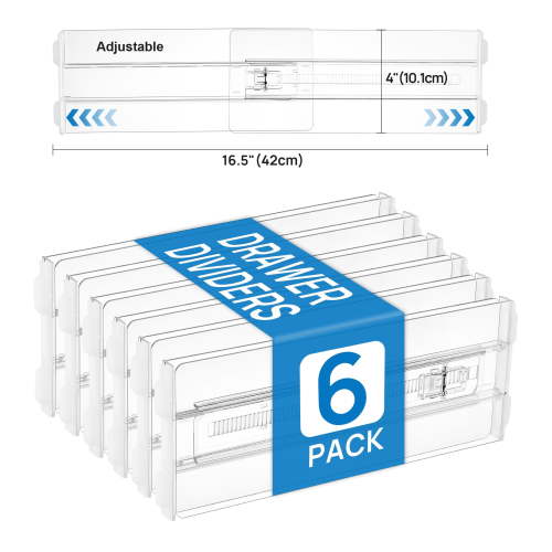 Sindcom 6 Pack Drawer Dividers for Clothes, Adjustable 4" High Expandable from 10.6"-17" Clear Dresser Drawer Organizer
