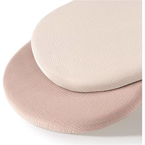 Muslin Bassinet Sheets for Babies – Soft & Breathable 100% Cotton Fitted Sheets for Oval, Rectangle, Hourglass Bassinet Mattress Pads, 2-Pack (Ivory & Pink)
