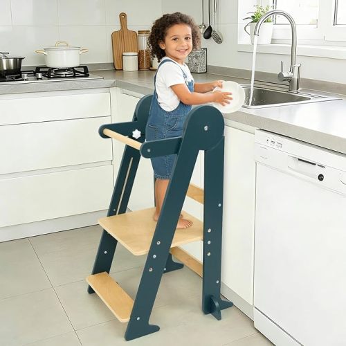 Foldable Toddler Kitchen Stool Helper, Folding Tower for Kid with 3 Adjustable Heights, Montessori Toddler Standing Tower for Kitchen Counter and Bathroom Sink (Natural)