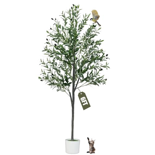 6FT Artificial Olive Tree,Artificial Plants Indoor,Faux Olive Tree Indoor with Natural Wood Trunk and Realistic Leaves and Fruits for Home Office Decor