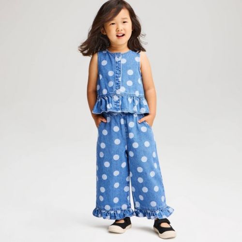 Toddler Girls' Polka Dot Denim Ruffle Top & Pants Set 2pc - Medium Wash 4T