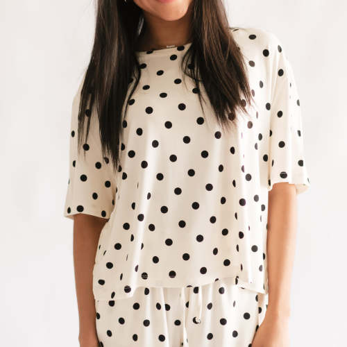 Women's Ruffle Short Set in Cream & Black polka dots