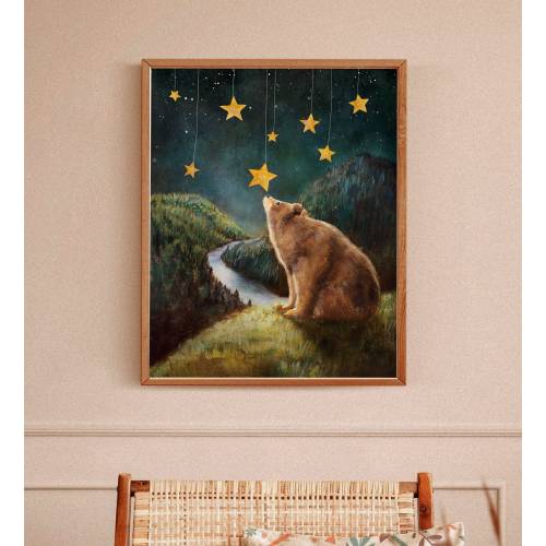 Bear and Stars Print: Woodland Nursery Art, Forest Animals Painting
