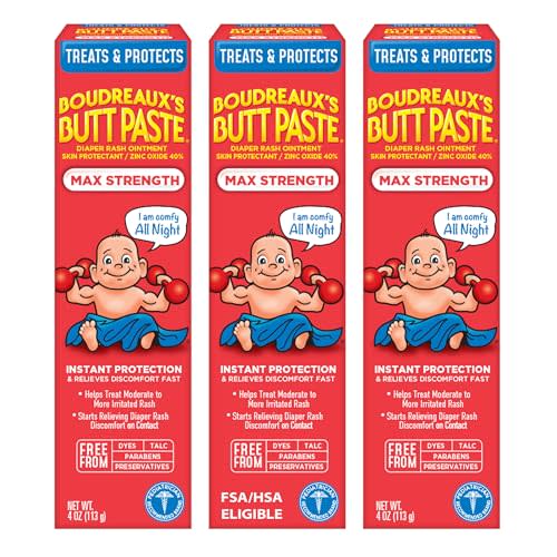 Boudreaux’s Butt Paste Max Strength Diaper Rash Cream for Baby, Ointment With Zinc Oxide, 4 oz Tubes, 3 Pack