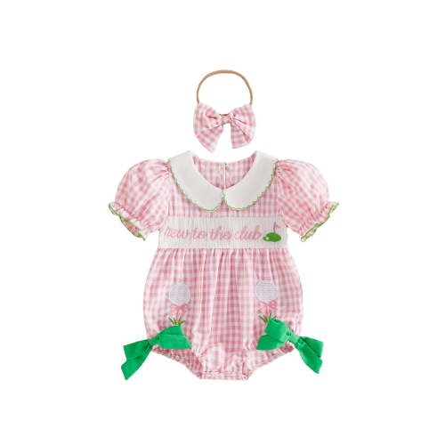BemeyourBBs Baby Girls Golf Outfits Newborn Baby Girl Hospital Outfit Plaid Bubble Romper New to The Club Letter Golf Embroidery Puff Short Sleeve Doll Collar Bodysuit and Headband Set