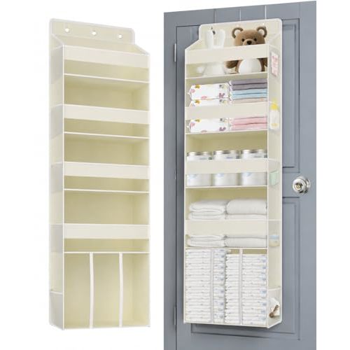 TAHAVICE 5-Tier Over the Door Nursery Organizer with 10 Mesh Pockets | Large Capacity Hanging Closet Storage for Baby Diapers, Toys, Nursery& Newborn Essentials (Beige)